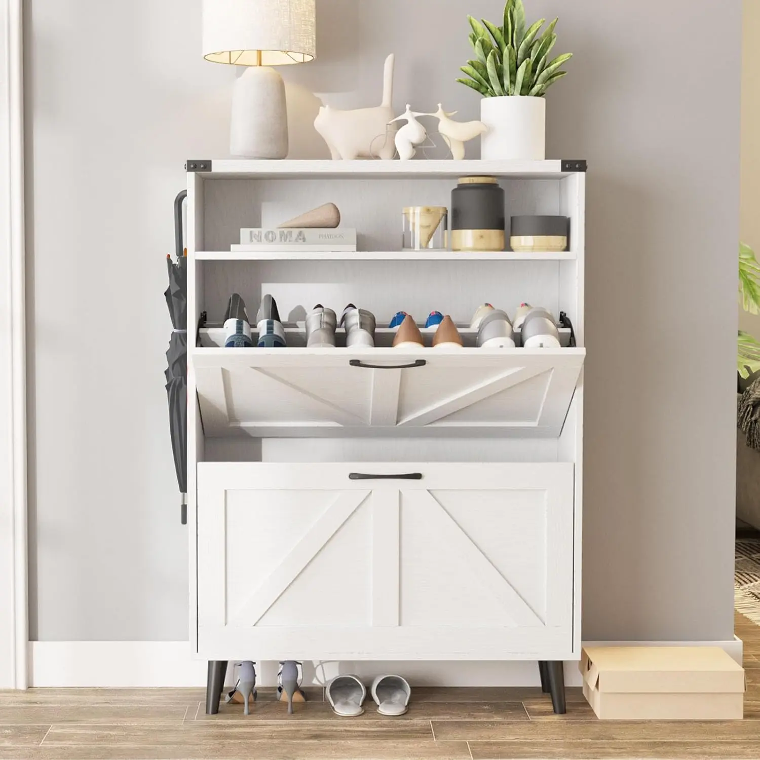 

Shoe Cabinet With 2 Flip Drawers,Shoe Storage Cabinet For Entryway,Freestanding Shoe Cabinet Organizer With Open Storage,Narrow