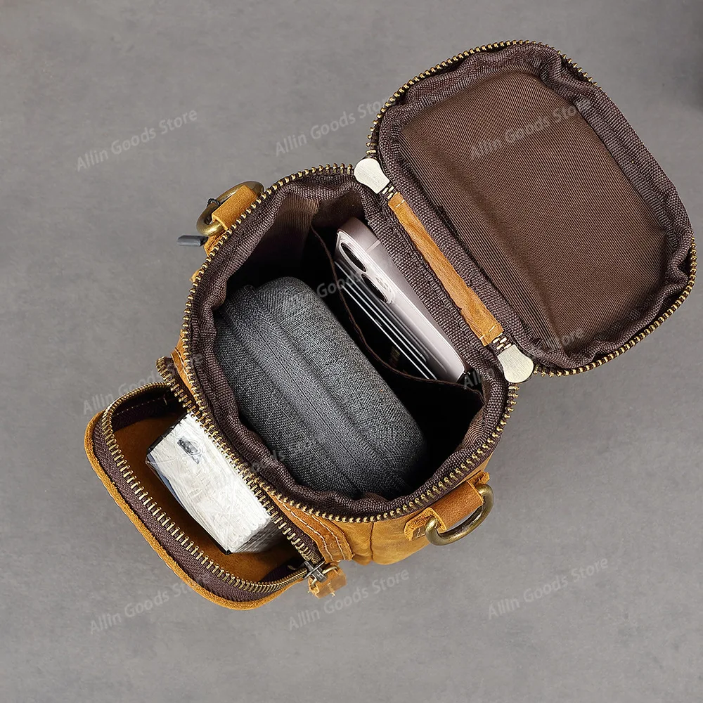 Mini Vintage Genuine Leather Crossbody Bag for Men, Top Grain Leather Phone Pouch, Belt Clip Waist Pack Casual Small bag