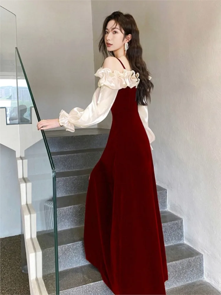 Elegancka czerwona sukienka wieczorowa z marszczeniami na szyi dla kobiet Puff Sleeve Off Shoulder Split Wedding Prom Robe Female Vestidos