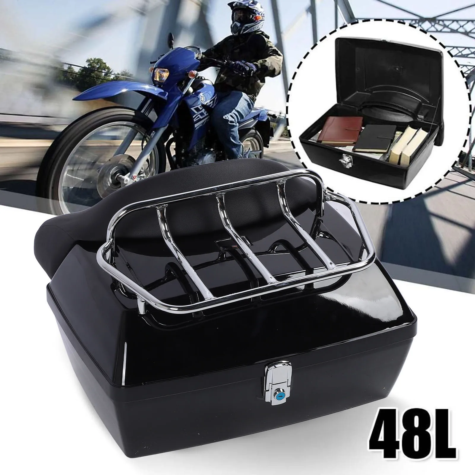 

Motorcycle Rear Case Safe Locking Trunk Tail Box Water Resistant Proof 48L with Backrest Cushion for Helmet for Luggage
