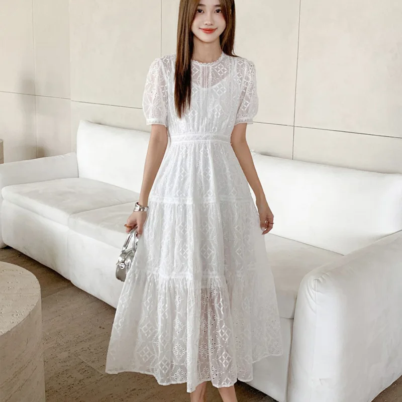 

Sweet Cutout round Neck Cold White Embroidered Waist Dress New 2025 Summer Temperament Dress A6516