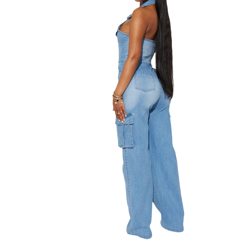 Jumpsuits Women One Piece Denim Turn Down Collar Sleeveless Overalls Slim Fit Wide Leg Long Pants Casual Splice Backless Rompers