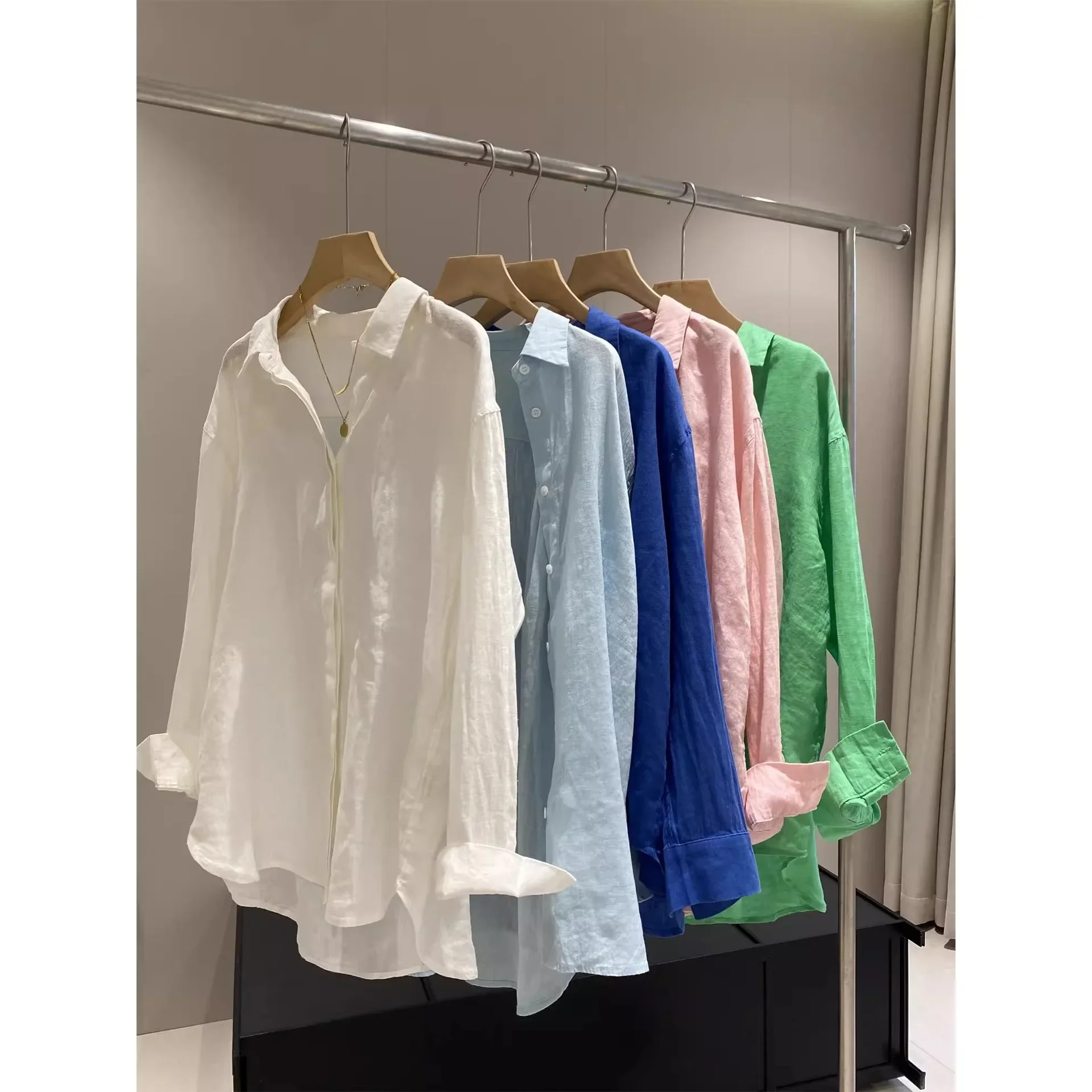 

Топ с длинным рукавом и воротником-поло, защита от солнца, французский стиль, свободная льняная рубашка, женская летняя тонкая хлопковая льняная рубашка, повседневная