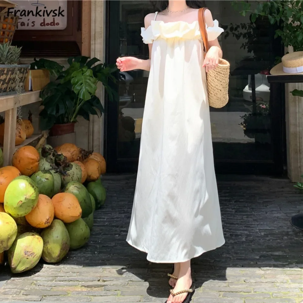 

Women Dresses Solid Colors Breathable Loose Sleeveless Pleated Straps Summer Ins Korean Style Temperament Cozy All-match Leisure