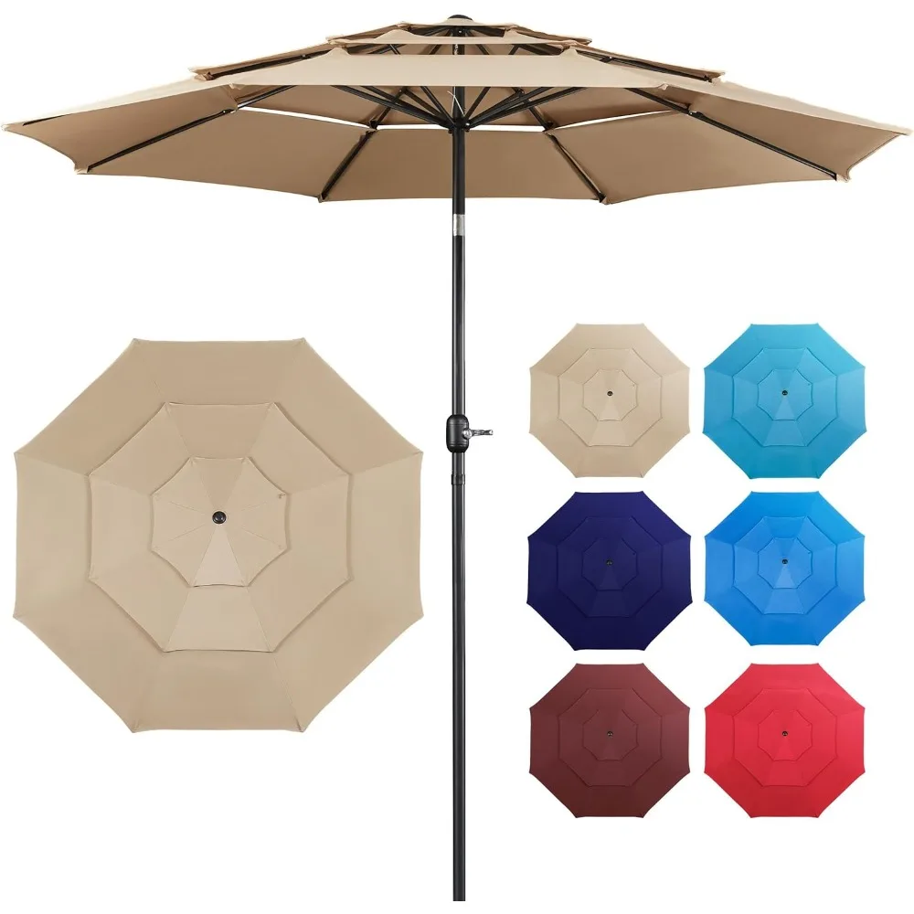 

3-Tier Patio Umbrella 10ft Vented Outdoor Canopy Sun Shade Large Market Table Umbrella Double-layer Cloth & Push-button Tilting