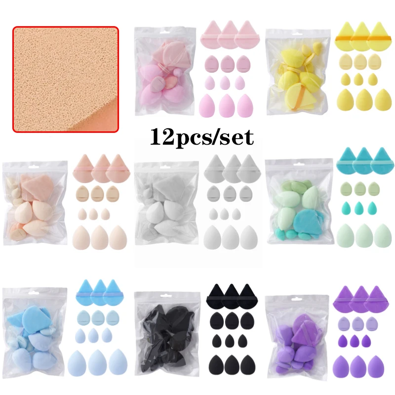 Conjunto de esponja de maquiagem multiuso, 12 peças, veludo, triângulo, sopro, rosto, dedo, mini esponja, ovo, base líquida, ferramentas de maquiagem