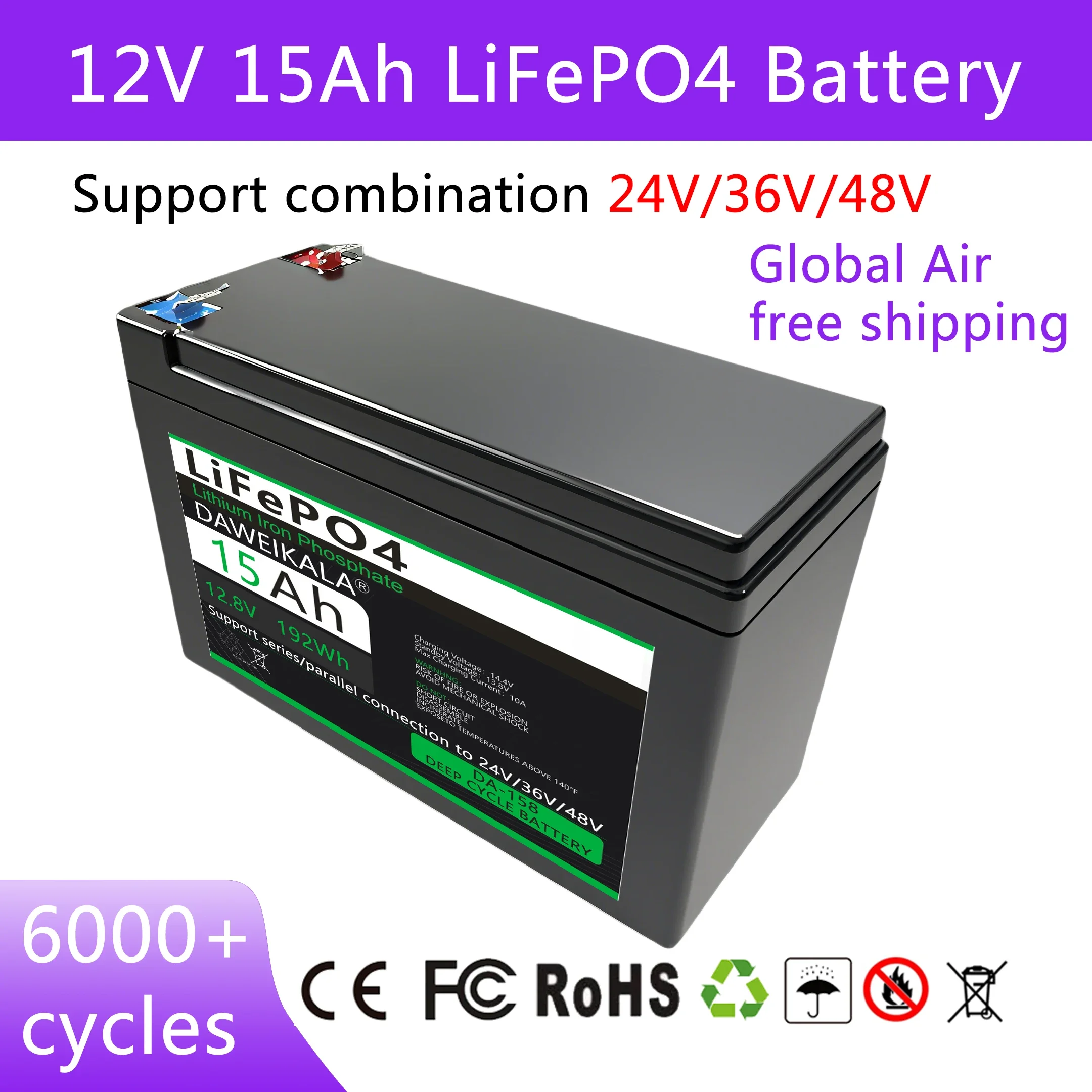 Batterie LiFePO4 12V 15Ah avec BMS intégré, batteries rechargeables au lithium-fer-phosphate pour voiture enfant, scooter, alimentation 12V, pulvérisateur, contrôle d'accès, audio, UPS, jouets pour enfants, véhicule électrique