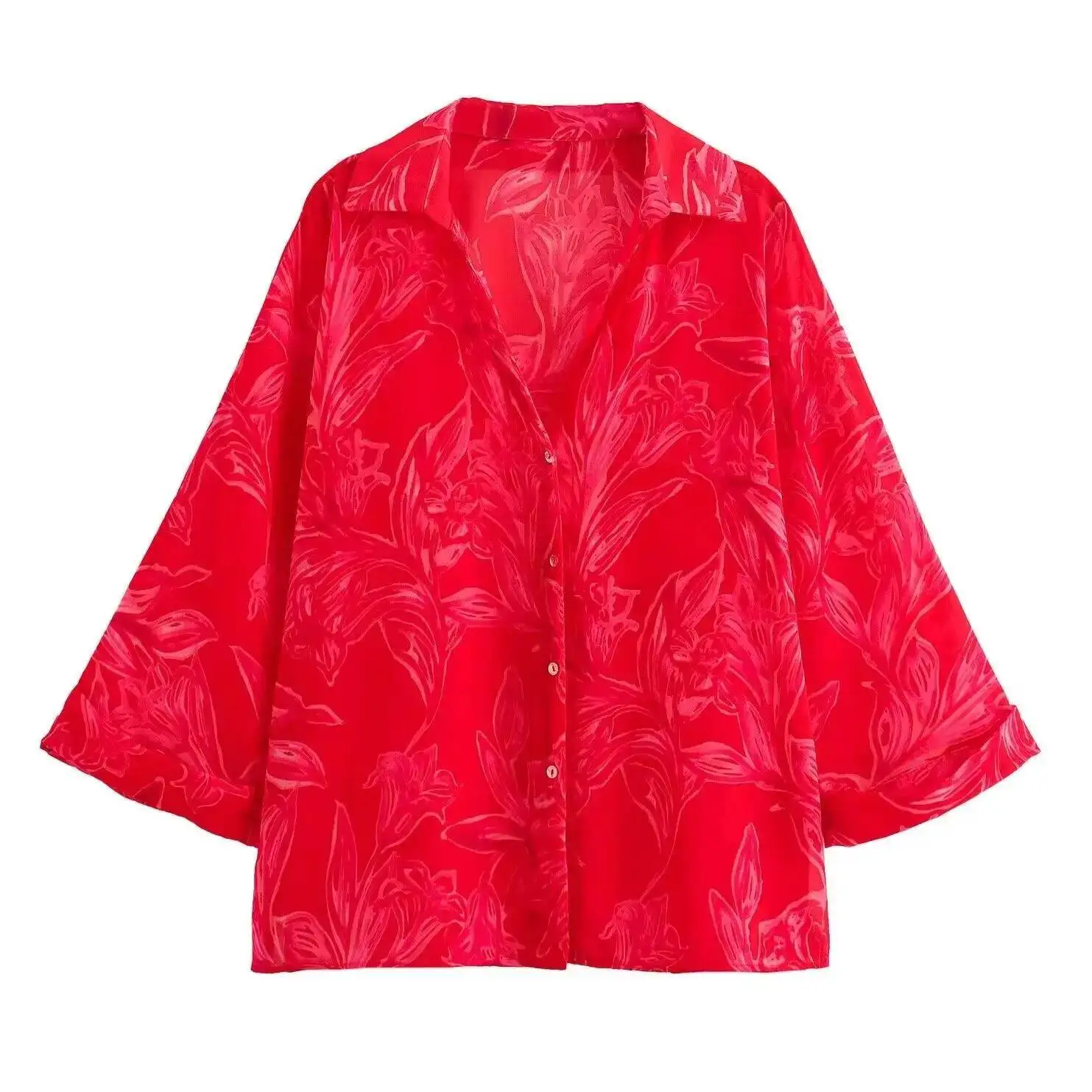 

Red Woman Summer Floral Sheer Casual Shirts Printing Single Breasted Loose Shirt Long Flare Sleeve Fashion 2025 Blouse