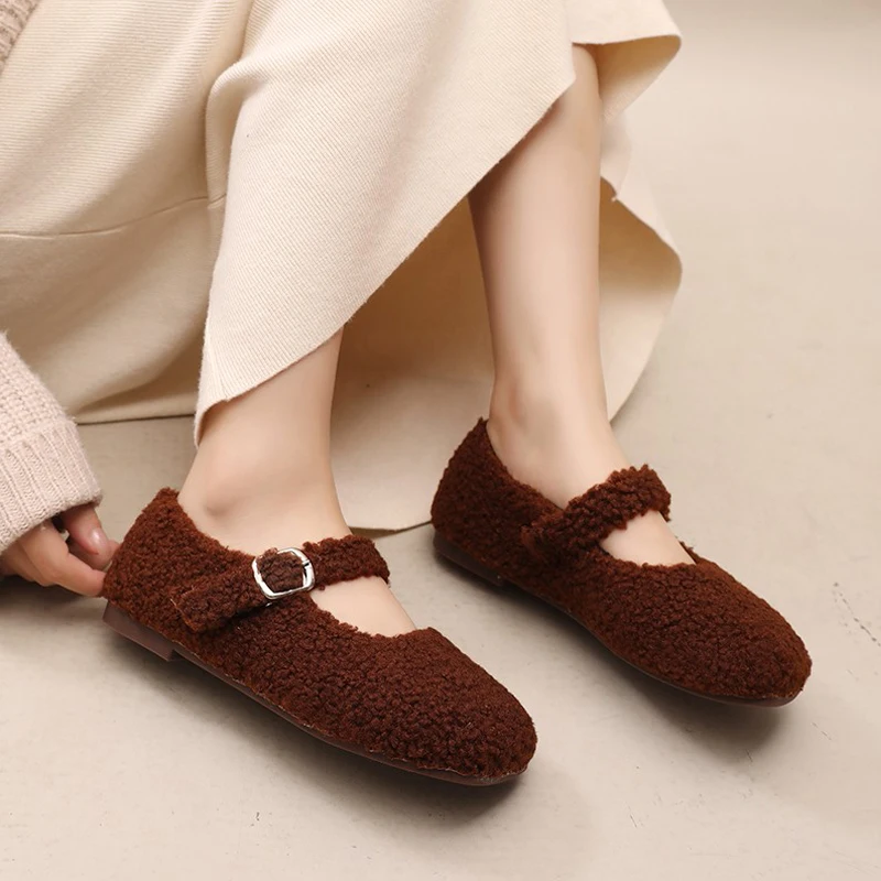 Elegant Square Toe Lambswool Mary Jane Shoes Woman Fashion Teddy Fur Ballet Flats Ladies Winter Warm Plush Loafers in Pink Green