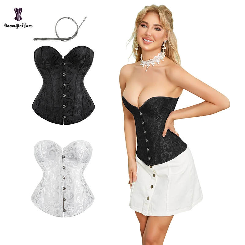 

Plus Size XS-xxl Black White Victorian Korsett 12 Spiral Steel Boned Strapless Jacquard Brocade Overbust Corset For Women