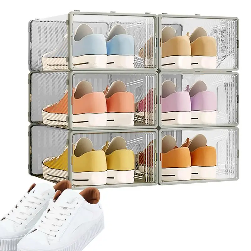 

Clear Shoe Boxes Stackable 6PCS Clear Stackable Free Standing Shoes Storage Sneaker Storage Space Saving Sneaker Holder Shoe