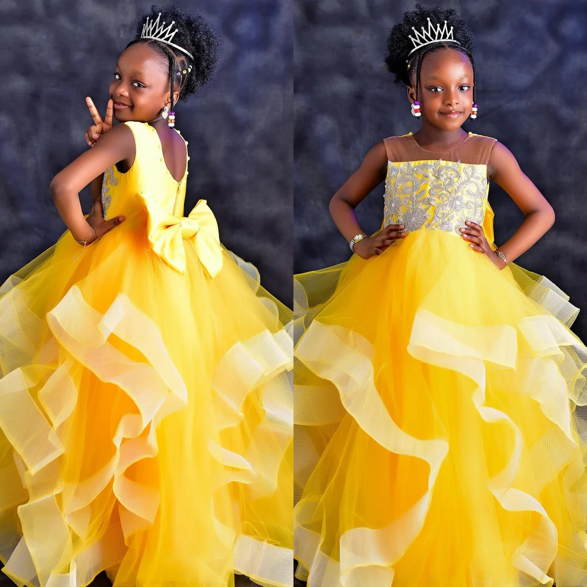 

Pretty Yellow Flower Girl Dresses Beading Bow Back Princess Baby Girls First Birthday Party Pageant Dress For Wedding