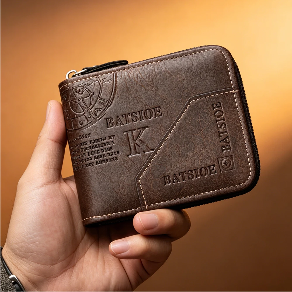 Men's Short Wallet Made Of PU Oil Leather Purse for Men Coin Purse Male Card Holder Wallets Zipper Around Money Christmas Gift