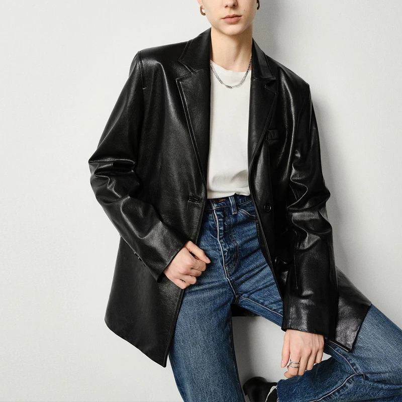 High Quality A-level Sheepskin Blazer Coats 2025 Fashion Coffe/Wine Red Women Casual Loose Streetwear Real Leather Suit Jackets