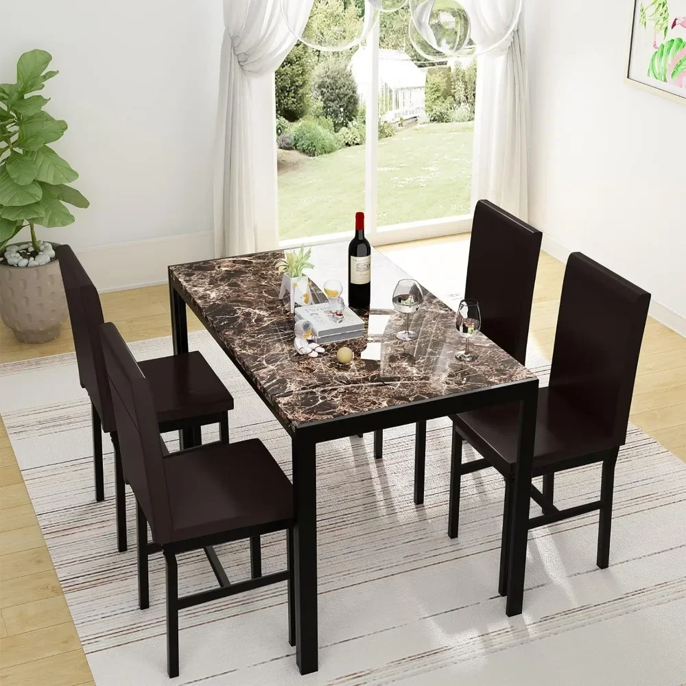 Faux Marble Dining Set for Small Spaces Kitchen 4 Table with Chairs Home Furniture (Brown)