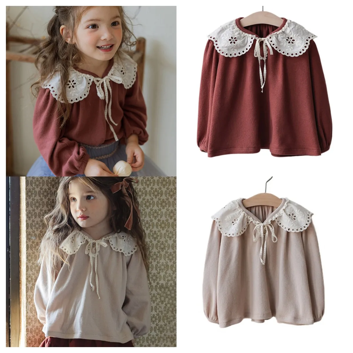 

2024 Kids Girl Cute Embroidery Lace Lapel Long Sleeve T-Shirt Top