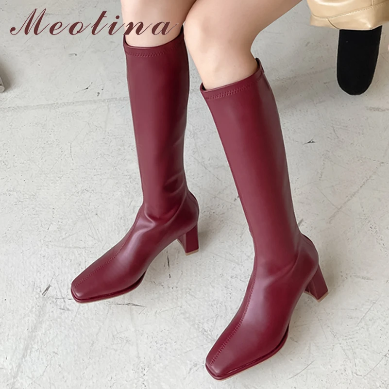 

Meotina Women Knee High Boots Square Toe Chunky High Heel Zipper Fashion Long Boot Autumn Winter Ladies Shoes Apricot Claret 40