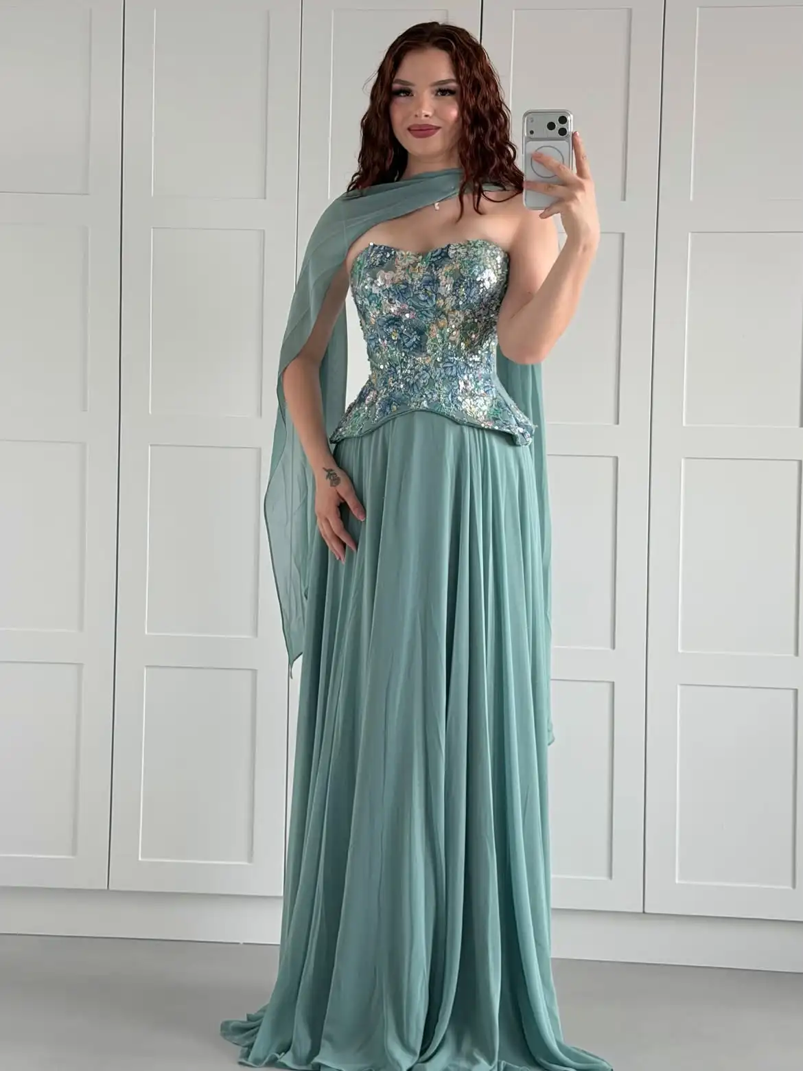 For Bridesmaid Engagement Henna Party | 2 Piece Strapless Floral Sequin Corset Top Flowy Chiffon A Line Skirt With Matching Cape