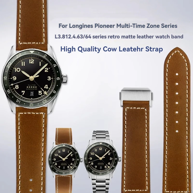 For Longines Pioneer Multi Time Zone L3.812 Series Watchband Cowhide Watch Strap Men 22mm Brown Black Blue Calfskin Wristbands