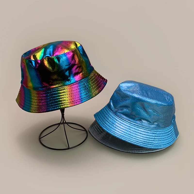 

Colorful PU Leather Bucket Hats Hip Hop New Unisex Double Sided Sunshade Reflective Breathable Versatile Personal Fisherman Caps