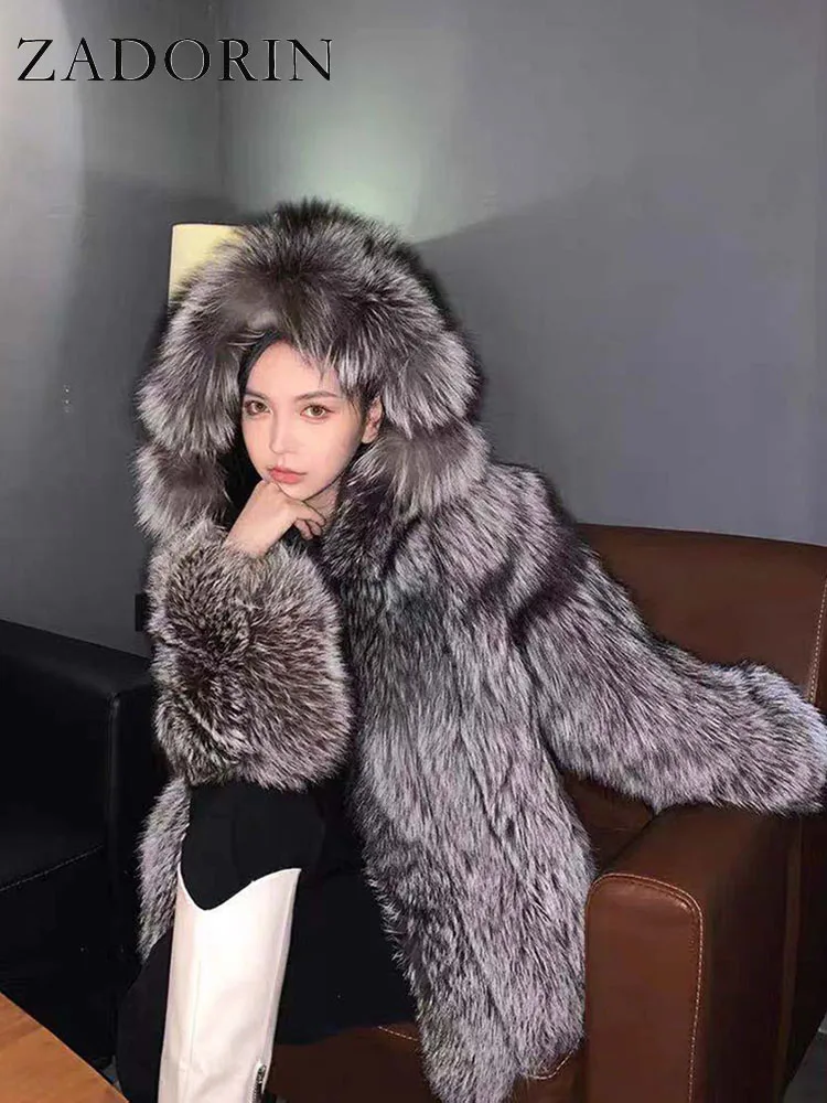 ZADORIN New Luxury Faux Silver Fox Fur Coat Women Hooded Front Zipper Furry Warm Winter Faux Fur Jacket Office Lady Fur Coats