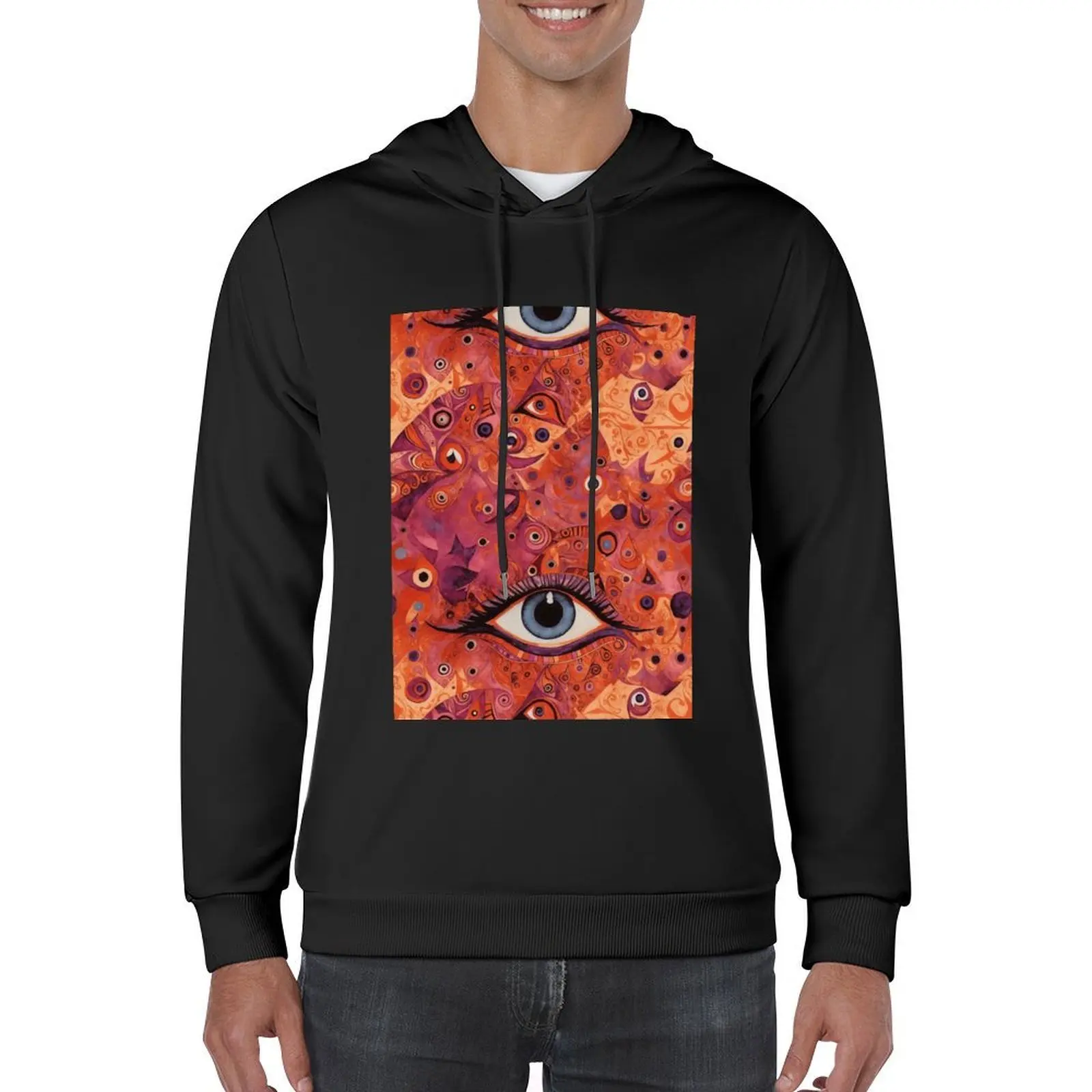 باتيك 6 - نمط الباتيك عين الشر - هوديي برتقالي وأحمر ملابس رجالية بقلنسوة للخريف #5