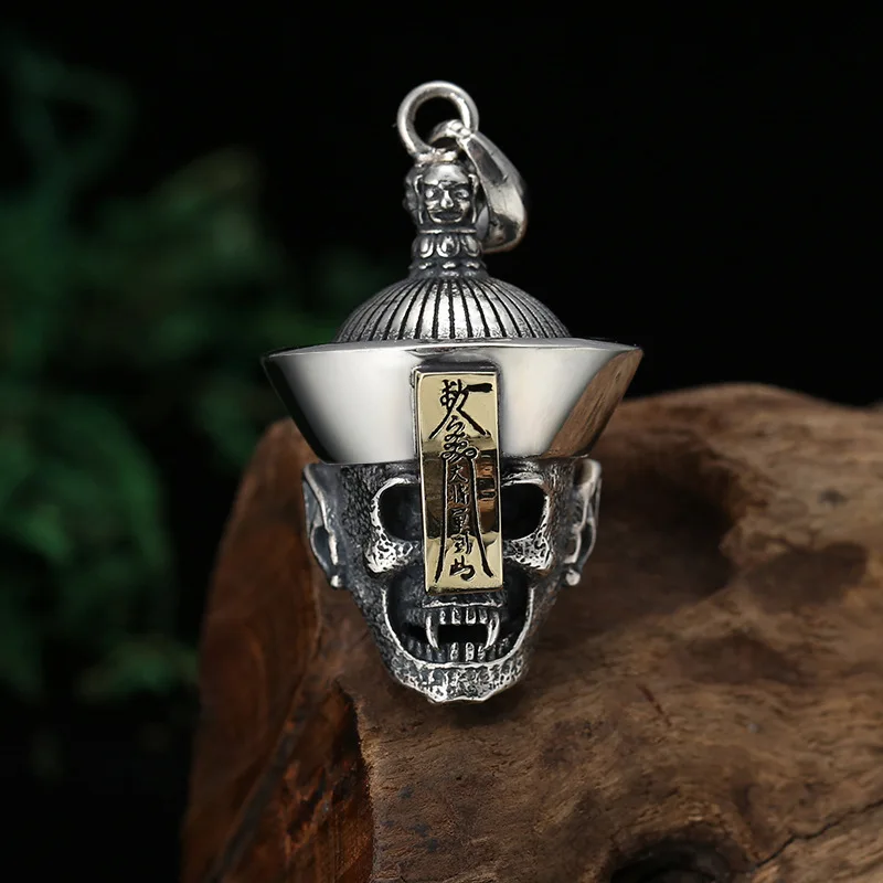 S925 Sterling Silver Skull Pendant Black Color Old Process Unisex Chinese Zombie Head Fine Jewelry FYNE423