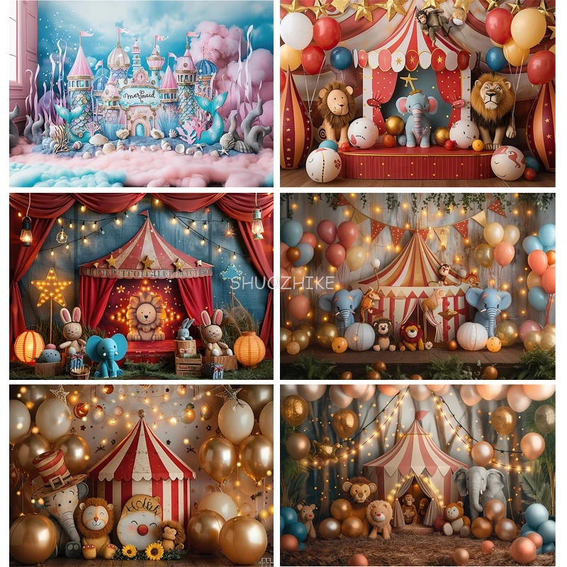 Circus Tent With Striped Canopy Popcorn Photography Backdrops Balloons Birthday Party Decor Animal Photo Studio Background SD-04