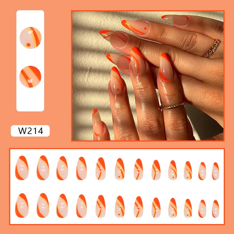 24pcs Simple French Orange Press on Nails with Glue Almond Shape Cheap Nail Tips Full Set Medium Long False Nails for Girls 2024