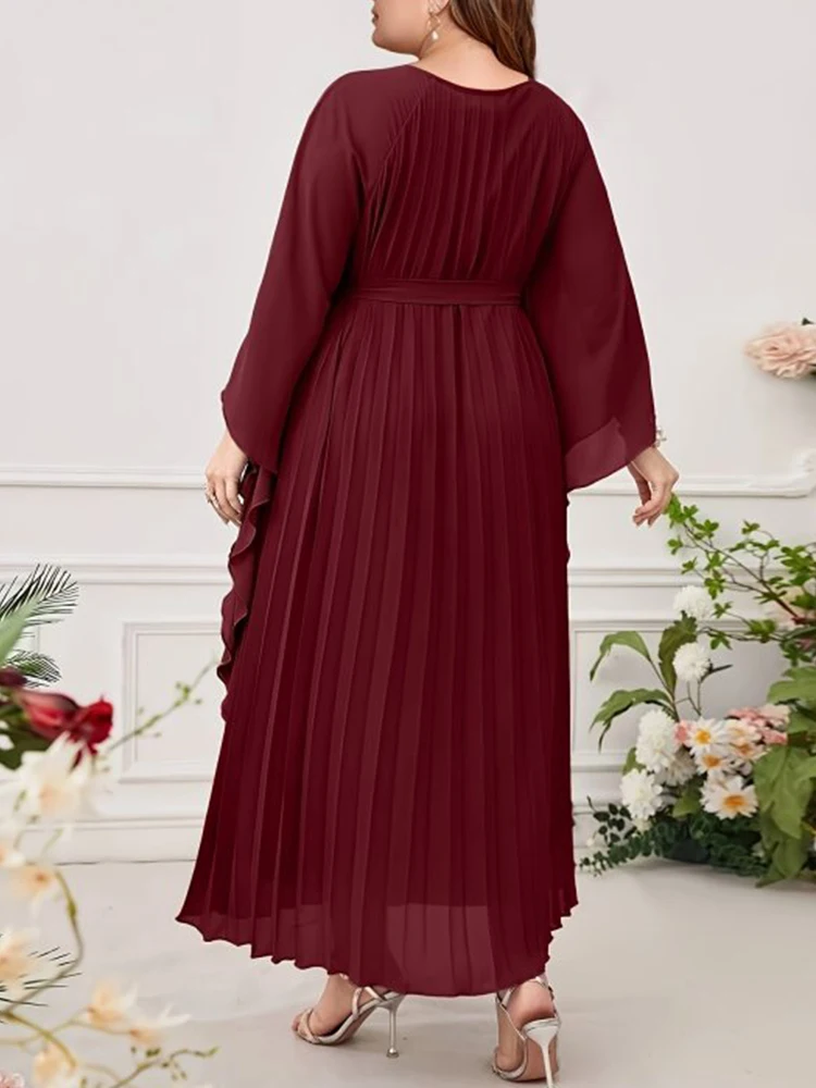 Kobiety Plus Size Plisowana Sukienka Długi Rękaw Okrągły Dekolt Solidny Vintage Casual Wiosna Jesień Eleganckie Kobiece Szyfonowe Długie Sukienki