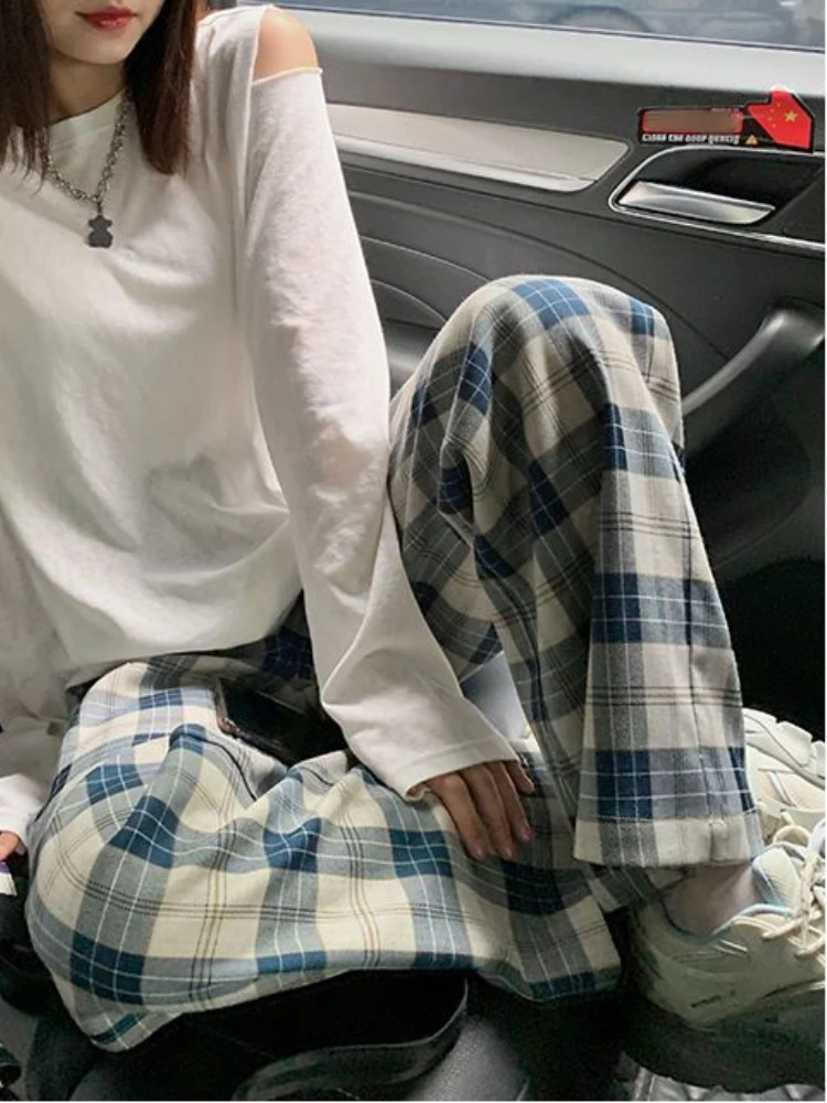 HOUZHOU Harajuku Plaid Pants Women Casual Wide Vintage Korean Style White Checked Trouser Thin Home Pants Chic Female Streetwear