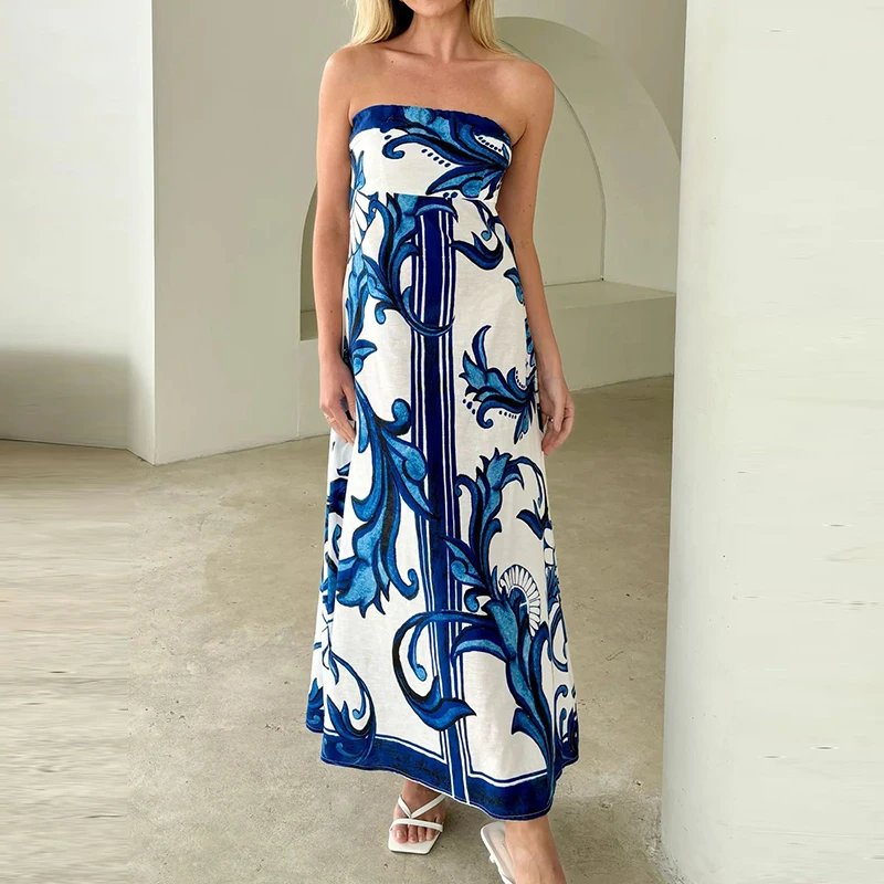 

Ladies Sexy Strapless High Waisted Holiday Dress Summer Retro Pattern Printed Hem Long Dress New Off Shoulder Loose Beach Dress