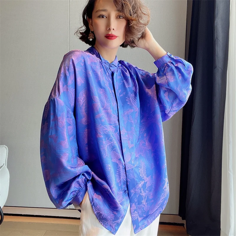 

Fashion Young Elegant Jacquard Silk Shirt Spring And Summer Retro Stand Collar Single-Breasted Long Sleeve Loose Lady Top S-L