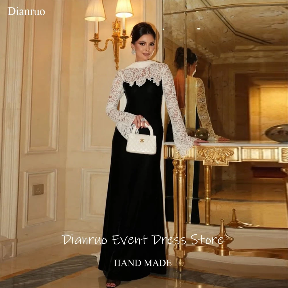 فساتين سهرة بشريط مخملي بدون ظهر من Dianruo على شكل حرف A مزينة بفيستدوس دي فييستا من الدانتيل موضة Abiti Da Cerimonia مخصصة #1