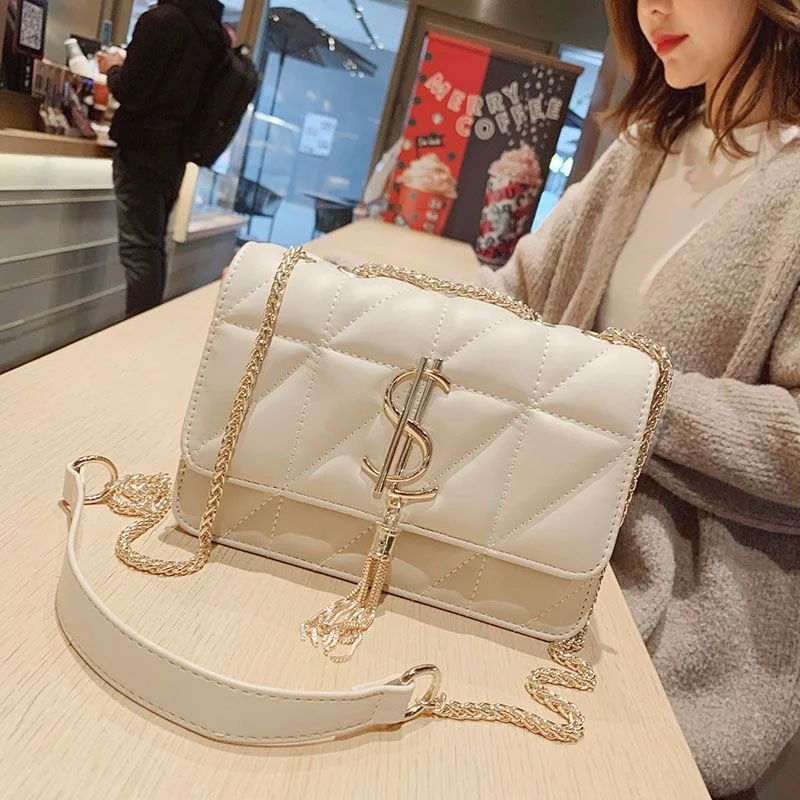 

Leather Small Square Bag Buckle Women's Small Fragrant Style Fashion Chain Bag Fringed High-end Single Shoulder Crossbody Bag