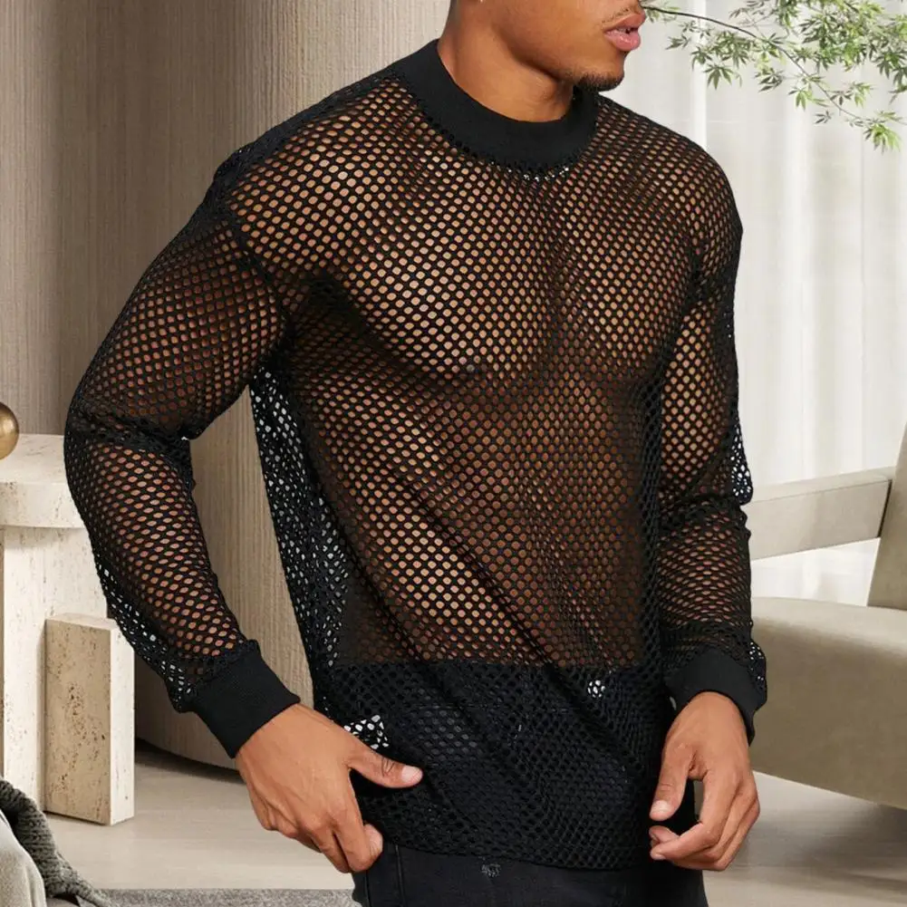 Hollow Design Muscle Tee Men Black Mesh Top Men's Thin Mesh Top with Long Sleeves Solid Color Muscle-enhancing Fit for Party