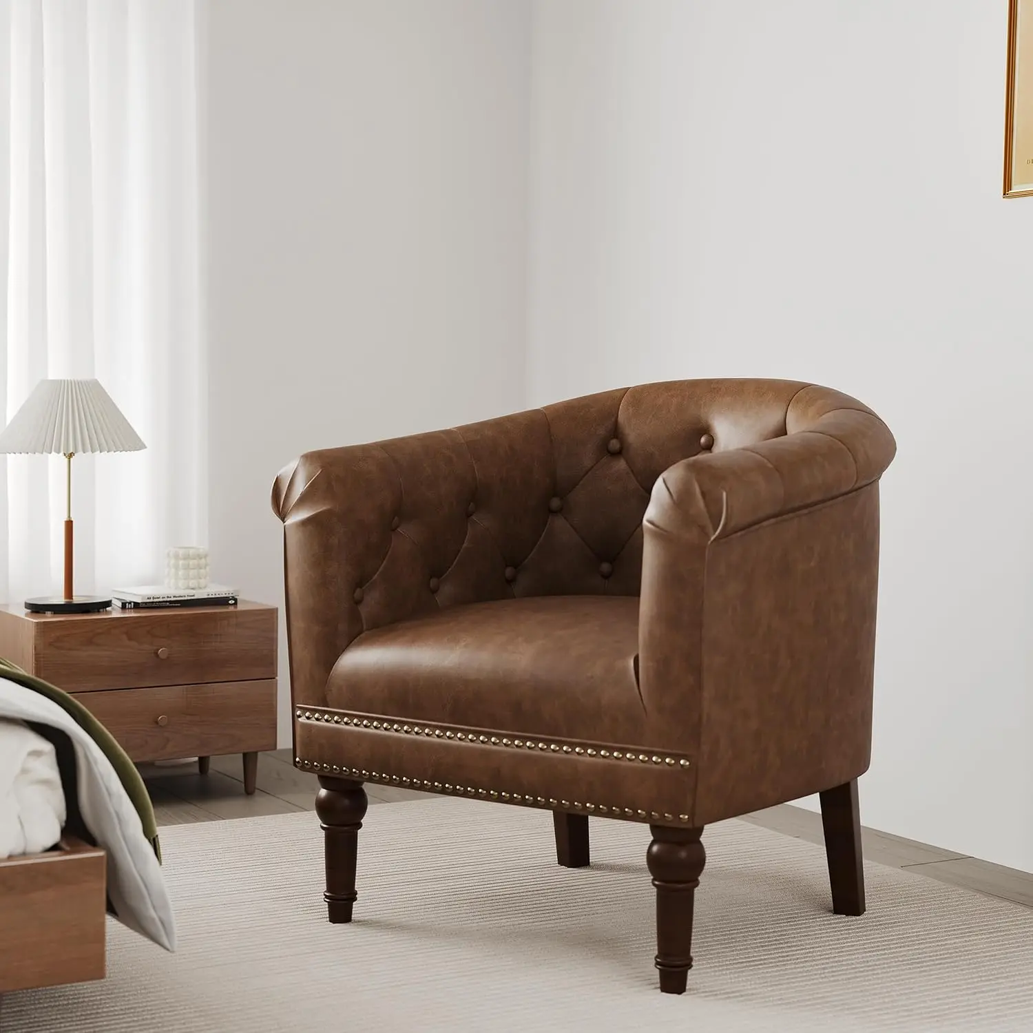 Faux Leather Barrel Accent Chair with Nailhead Trim, Rust, Set of 2, Customized