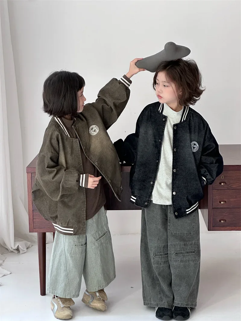 Fall 2024 new kids High Street do old vintage corduroy baseball jacket boy's corduroy jacket top 90-140cm