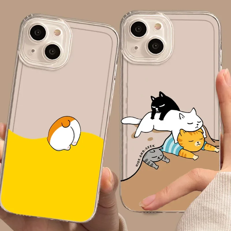 

Cute Cartoon Cat Phone Case For iPhone 16 14 15 13 12 11 Pro Max Mini X XS 7 8 Plus 16E SE Shockproof Transparent Cover Fundas