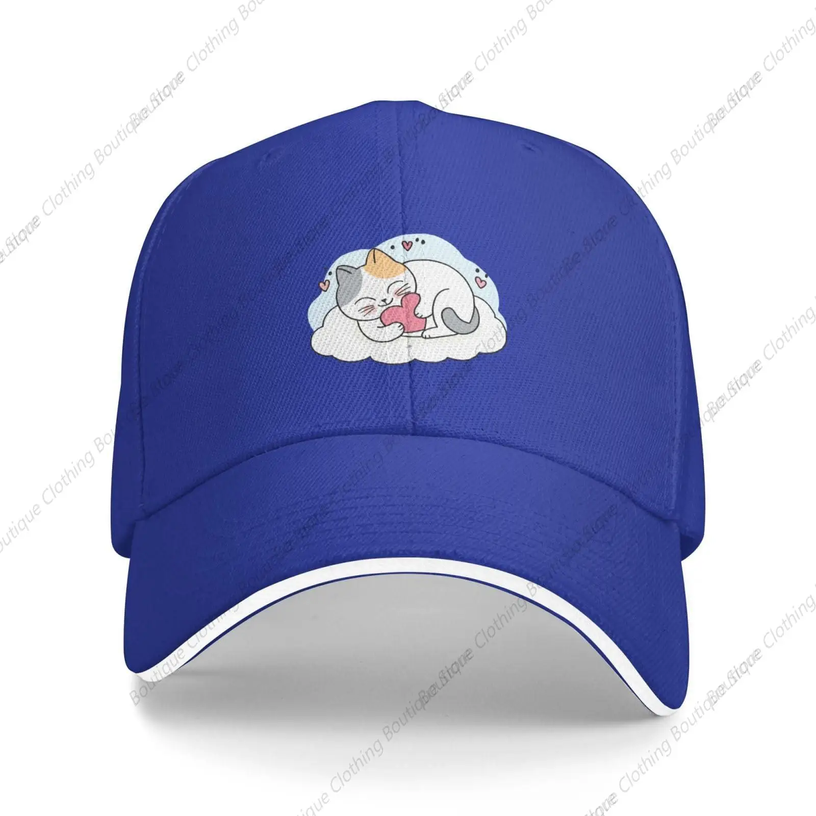 Cartoon Cute Cat and Big Heart On The Cloud Baseball Cap for Men Women Adjustabl Unisex Golf Dad Hat Blue