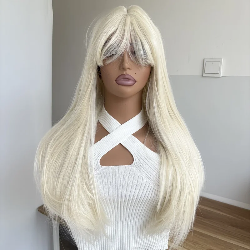 プラチナブロンドのロングストレート耐熱ヘアウィッグ（前髪付き）