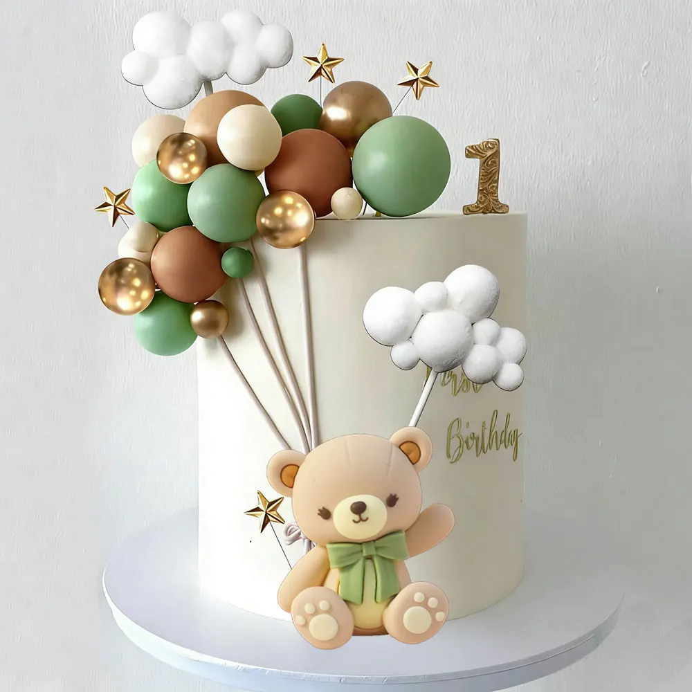 1 Set Grüne Bären-Kuchendekoration für Babyparty Gold Salbeigrüne Schaumstoffbälle Schleife Bären-Kuchenaufsatz für Mädchen Jungen Geburtstagsfeier Deko – Detail 13
