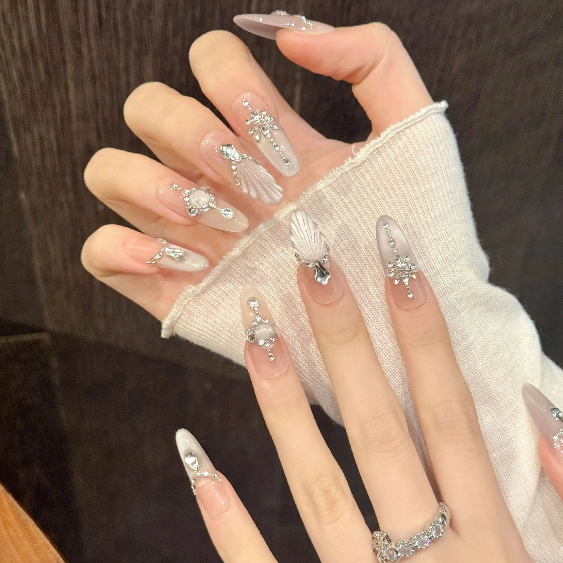 10개입 새 수제 인조 손톱 요정 손으로 그린 물고기 꼬리 프렌치 스타일 프레스 온 네일 광택 있는 캣츠 아이 탈부착 가능한 가짜 손톱