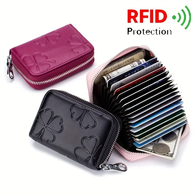 

Genuine Leather Mini RFID Blocking Women's Wallet Zipper 16 Credit Card Holder PU Leather Embossing design Small Card Case Bag
