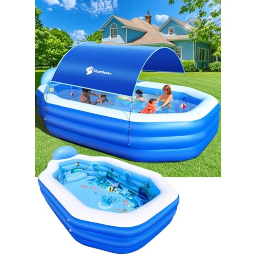 

Backyard inflatable pool with canopy for kids and adults, dark blue thickened durable material, includes seats and backrest, 11