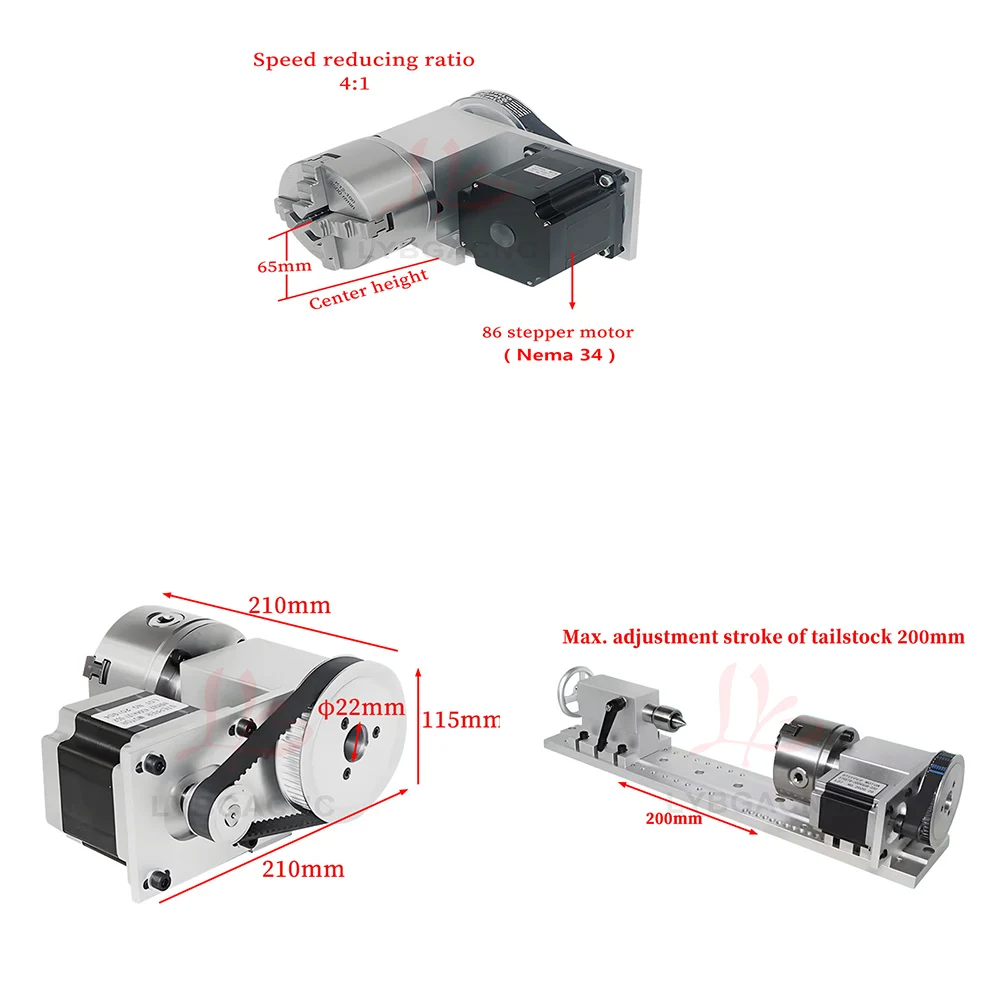 4th Axis Rotary A axis 86mm Nema34 Motor 100mm Chuck Output Shaft Diameter 22mm Center Height 65mm Speed Reduction Ratio 4:1