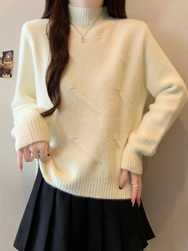 

Свободный длинный вязаный свитер с высоким воротником для женщин, повседневный, ультрамягкий трикотаж, осень-зима, новинка, универсальный, расклешенный...