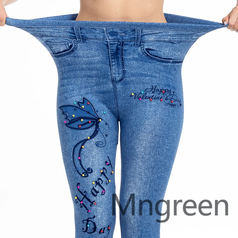 

2025 new European and American fashion bead color bead imitation denim leggings for women, sexy belly and hip butterfly printed