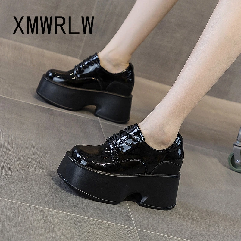 

XMWRLW 2023 Autumn Leather Women Platform Shoes Fashion Hidden Heel Female Lace up Shoes Rubber Sole Women Autumn Platform Shoe