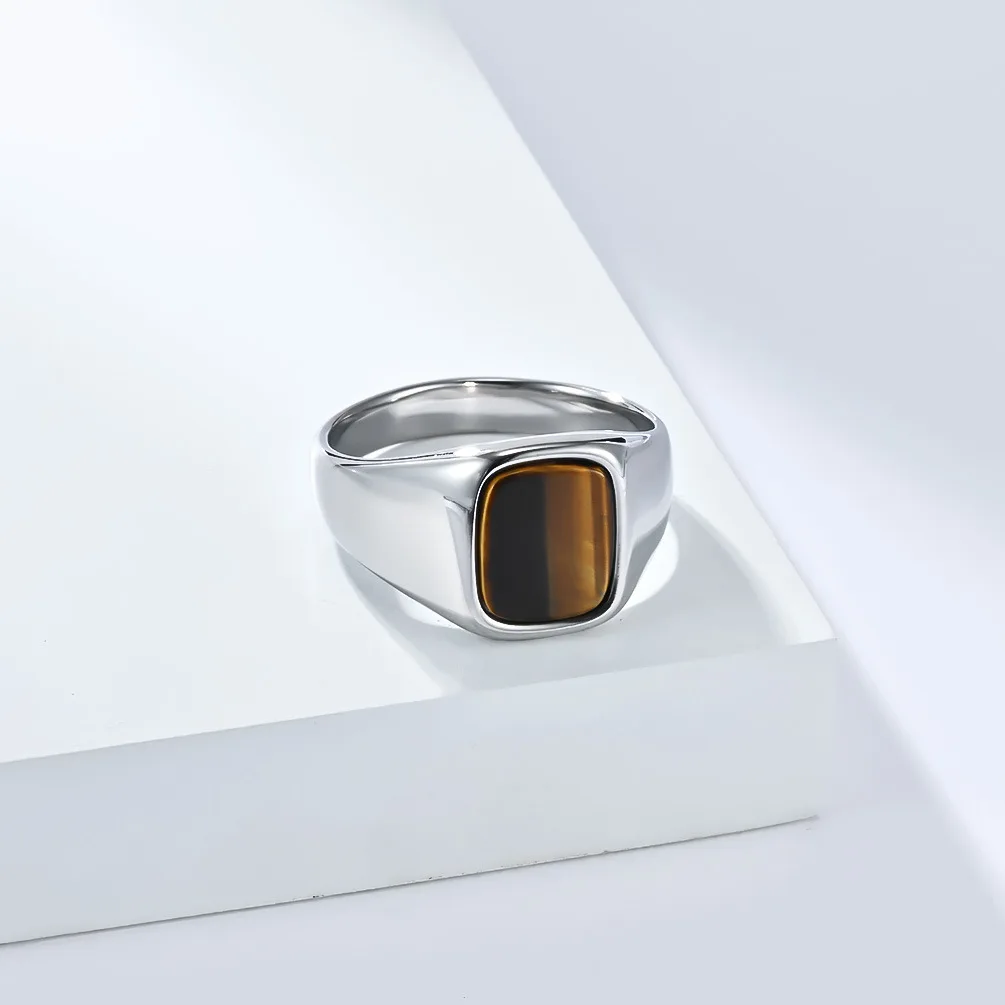 New Fashion Vintage Stainless Steel Tigers Eye Balck Stone Signet Ring for Men view 4